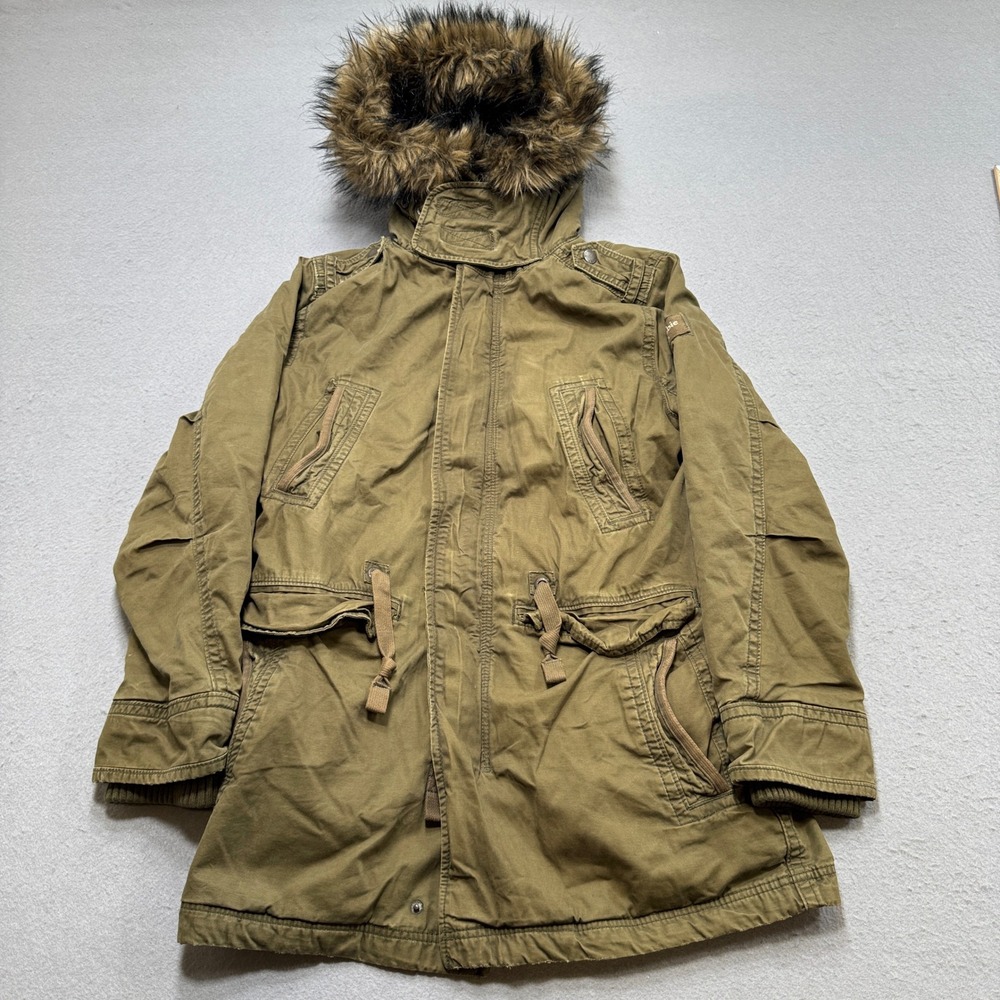 Abercrombie & Fitch Jacket Men's Medium Olive Green Sherpa Faux Fur Hood Utility